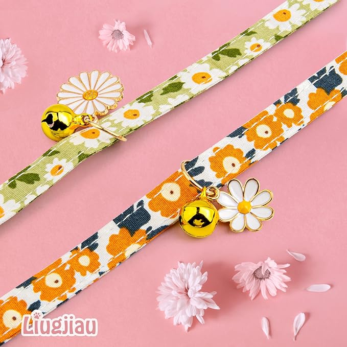 2 Pack Cotton Breakaway Cat Collar with Bell Green&Orange Daisy Pendant Cute Kitten Cat Collar Suitable for Girls and Boys