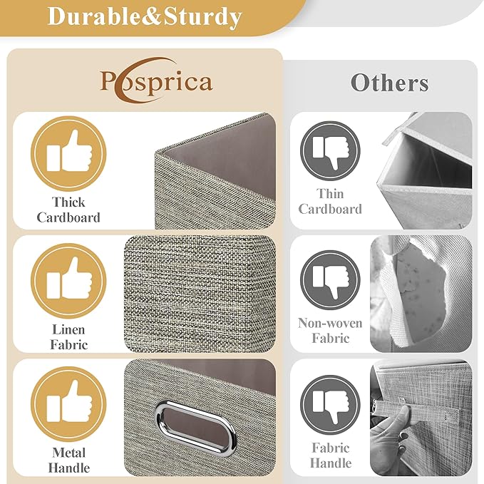 Posprica Closet Storage Bins, 4 Pack Closet Shelf Organizers, Linen Fabric Decorative Storage Baskets for Organizing, Foldable Storage Box for Clothes, Toy, 15x10.5x8.25 Inch-Coffee
