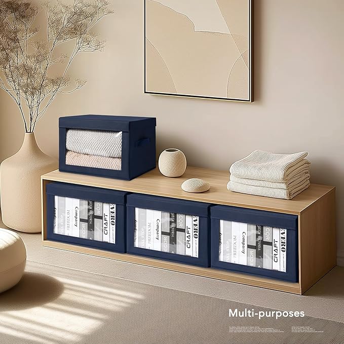 Organizing Bins with Lid - 4 Pack Foldable Clear Window Storage Bins, Large Storage Boxes with Handles, Storage Containers for Clothes, Towel, Blanket, Sheet, Navy Blue