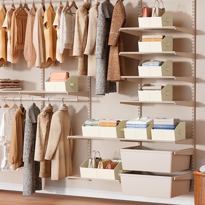 Trapezoid Closet Shelf Organizer - Large Baskets for Organizing, Fabric Storage Box for Shelves, Cube Storage Bins for Clothes, Books, Blankets, 3 Pack, Beige