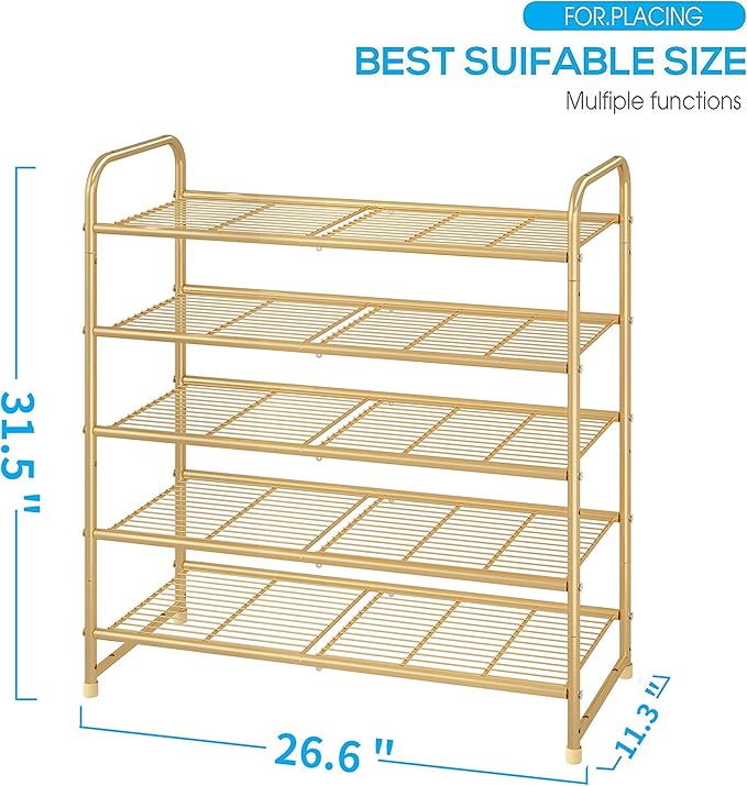 Simple Trending 5-Tier Stackable Shoe Rack, Expandable & Adjustable Shoe Organizer Storage Shelf, Wire Grid, Golden Yellow