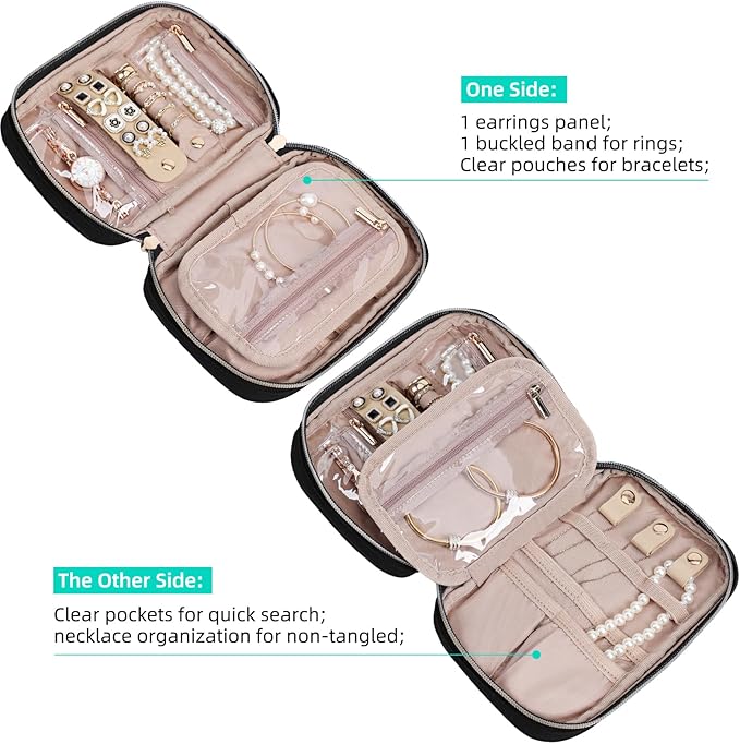 NISHEL Travel Jewelry Case, Holiday Organizer for Necklaces, Earrings, Rings, Bracelets, Watch,Small,Black