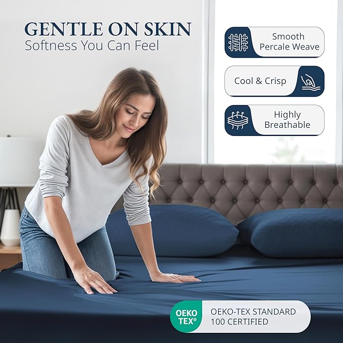 LANE LINEN King Size Fitted Sheet, 100% Organic Cotton, 3-Piece Set (1 Fitted Sheet,2 Pillowcases), Percale Weave, Ultra Soft, Breathable,Fits Mattress Upto 15" Deep - Estate Blue (No Flat Sheet)