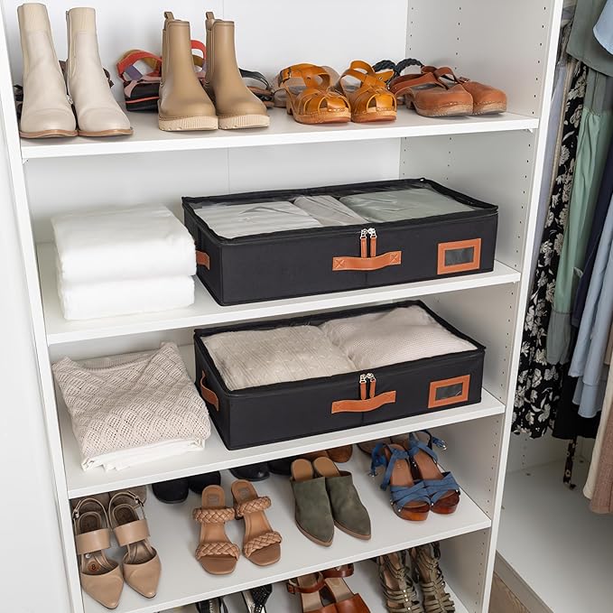 OrganiHaus Under Bed Storage Containers, Bedroom Storage and Organization Bins, Clothes Organizer for Closet with Clear Cover and Reinforced Handles - Set of 2 23.5x12.5x5 inches Black