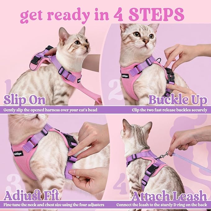 rabbitgoo Cat Harness and Leash for Walking, Escape Proof Soft Adjustable Vest Harnesses for Cats, Easy Control Breathable Reflective Strips Jacket, Pink & Purple, M