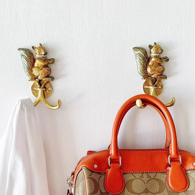 Vintage Squirrel Shaped Decorative Wall Hooks Rack Hangers for Hanging Clothes Coats Towels Keys Hats, 2 Pack Antique Metal Mounted Wall Hook