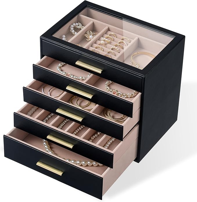 pickpiff Jewelry Box Organizer Case for Women: 5-Layer Jewelry Storage Case with Glass Window, Black Leather with Blush Velvet, Holder for Ring Necklace Bracelet Brooch Watch, Great Gift for Her