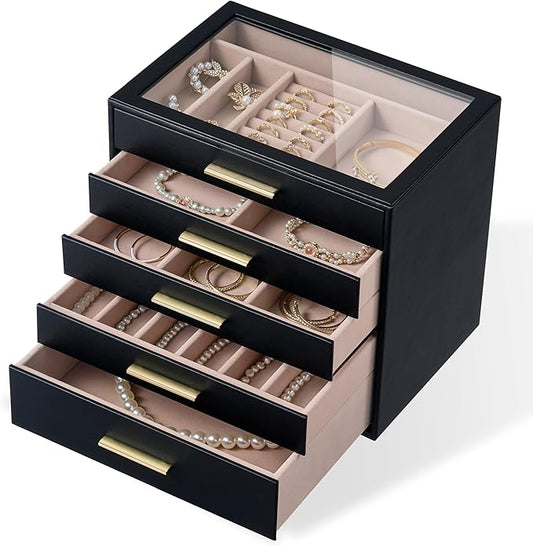 pickpiff Jewelry Box Organizer Case for Women: 5-Layer Jewelry Storage Case with Glass Window, Black Leather with Blush Velvet, Holder for Ring Necklace Bracelet Brooch Watch, Great Gift for Her