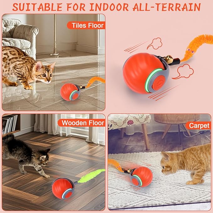 BABORUI 2Pack Interactive Cat Toy Ball - Automatic Interactive Cat Toys for Indoor Cats with 3 Tails, 2 Speeds Rechargeable Enrichment for Small/Medium/Large to Keep Them Busy