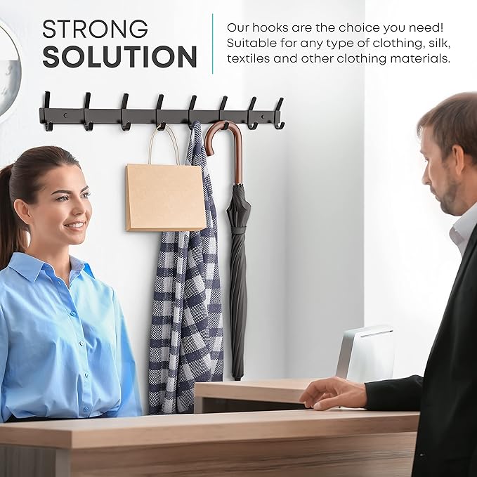 Matte Black Coat Rack Wall Mount – 24 Inch Stainless Steel Hook Rail with 8 Double Coat Hooks – Wall Mounted Entryway Organizer for Coats, Hats, Bags, Towels, Robes, Closet or Bathroom - 2 Pack