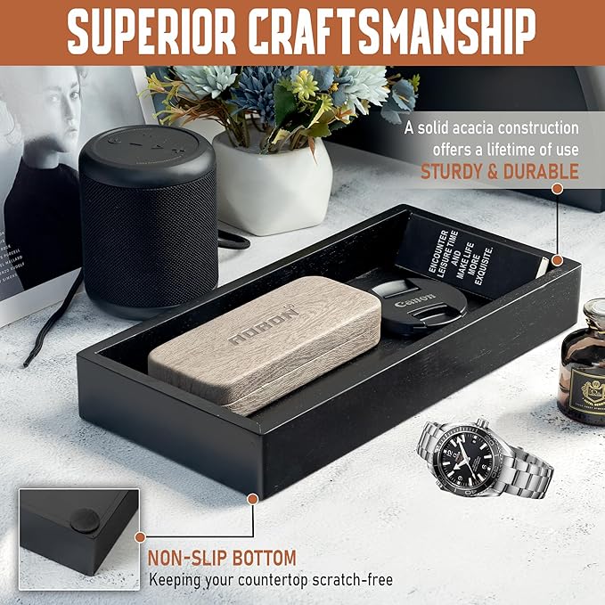 Demigo Acacia Valet Tray, 12.2 x 6 in Men and Women Wooden Catch All Tray for Entryway Table, Bedside Nightstand Organizer, Home Office, Tabletop Storage Vanity for Wallet, Jewelry, Perfume (Black)