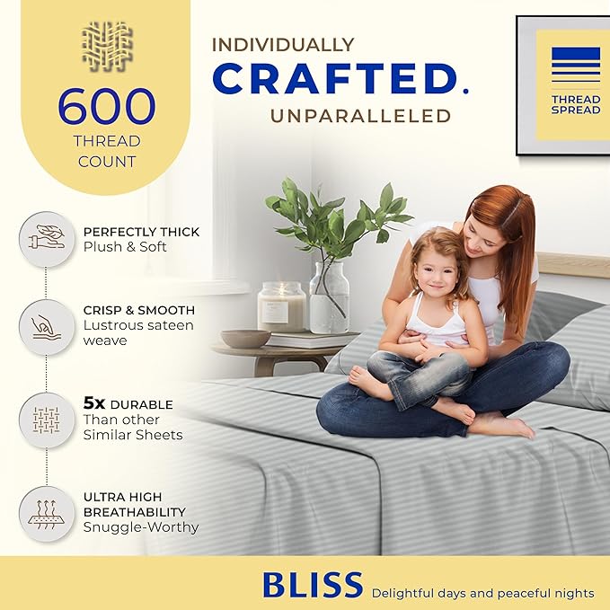 THREAD SPREAD Luxury Egyptian Cotton King Stripe Sheet Set, 600 Thread Count Extra Long Staple 4 PC Set, King Damask Sheets, Soft, Cooling Sateen Weave Sheets Upto 18" Deep Pocket - Silver Grey