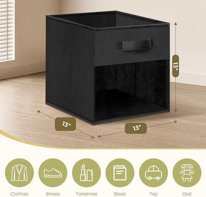 Storage Bins with Clear Window, 13x13 Storage Cubes, Collapsible Cube Storage Box, Fabric Closet Organizers with Handles for Home, Office, Shelf, Closets, Living Room, Black, 6 Pack