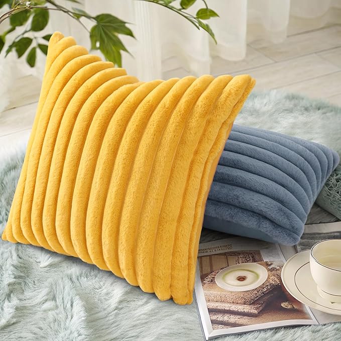 decorUhome Faux Fur Spring Throw Pillow Covers 24x24 Set of 2, Decorative Soft Plush Striped Neutral Couch Euro Sham Pillow Covers with Velvet Back for Sofa, Bed, Living Room Home, Mustard Yellow