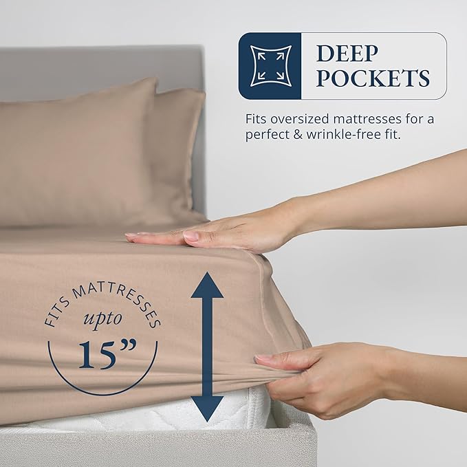 LANE LINEN 100% Organic Cotton Twin Fitted Sheet & Pillowcase Set, Percale Weave, Ultra Soft, Breathable, Fits Mattress Up To 15" Deep - Taupe (No Flat Sheet)