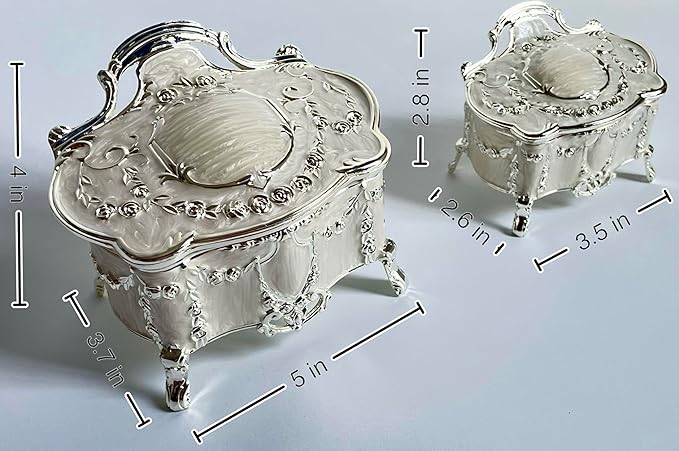 Truewon Princess Jewelry Box, Modern Korean Asian Design Metal Chest Earring Ring Necklaces Storage for Girls (Silver White, Medium)