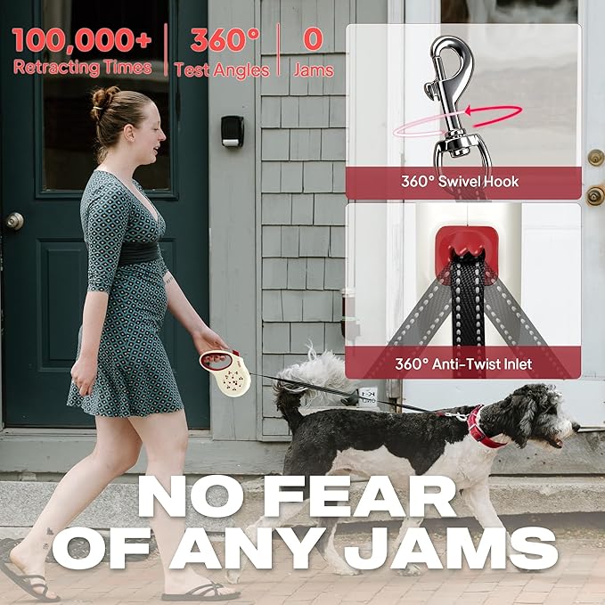 Fida Retractable Dog Leash, 16 ft Dog Walking Leash for Small Dogs up to 26 lbs, 360° Tangle Free, Cherry