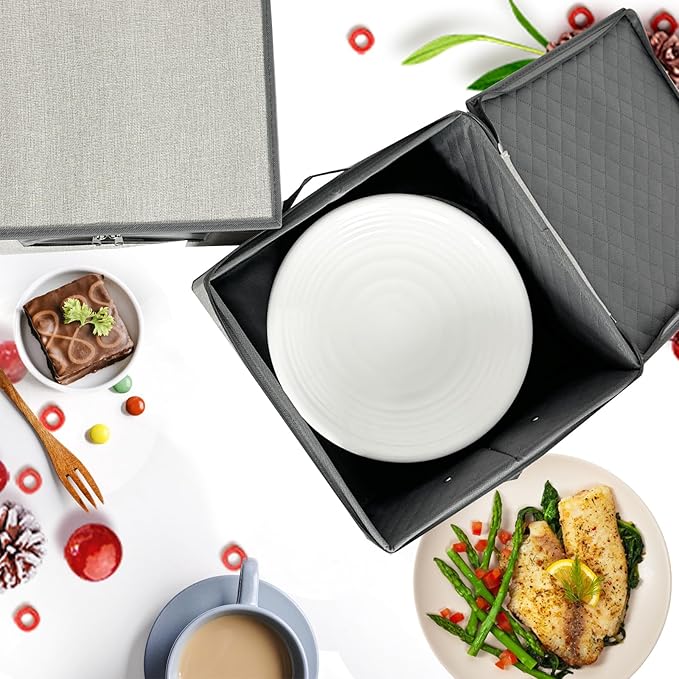 China Storage Containers, 12 Inch Dinner Plate Dish Storage Containers, Hard Shell Quilted Dinnerware Storage Box Case with Lids and Felt Protectors for Dishes Plates Storage and Moving (Light Grey)