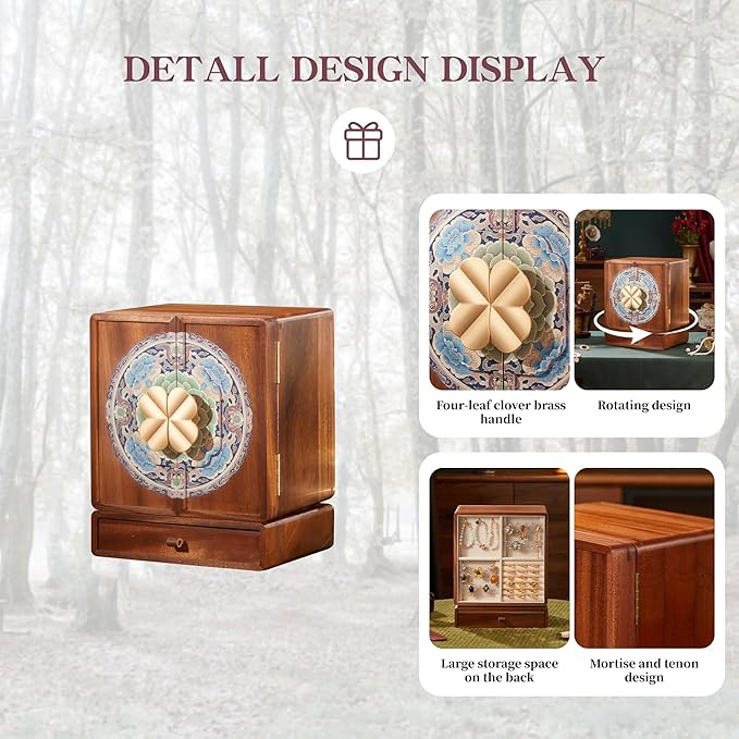 Wooden Jewelry Box for Women Jewelry Box With Drawers Walnut Wood (Walnut Wood with printing B)