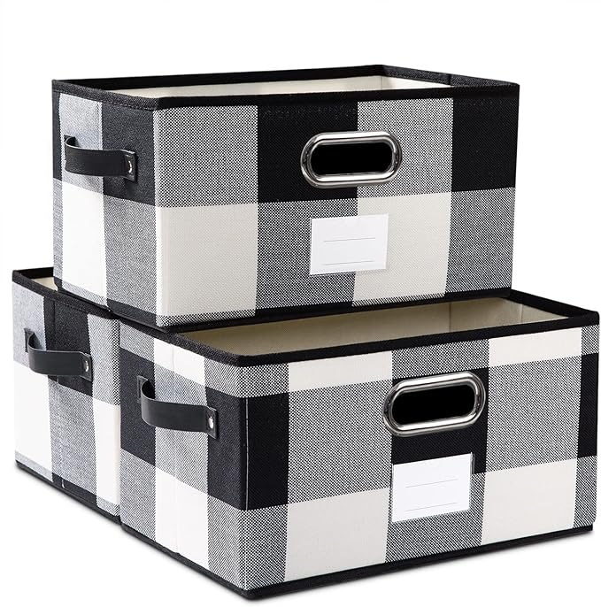 PRANDOM Fodable Storage Bins for Closet [3-pack] Decorative Fabric Storage Baskets Cubes with Leather/Metal Handles for Shelves Bedroom Living Room Black and White Grid (11.5x8.5x6.7 Inch)