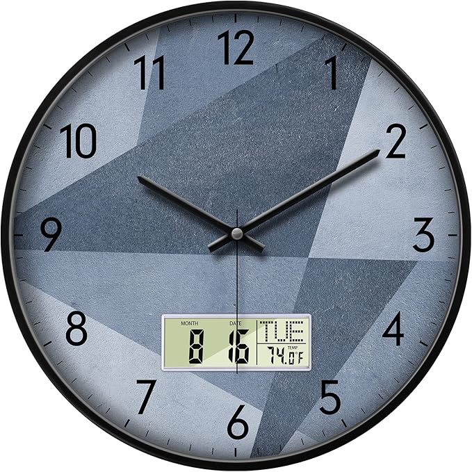 SCAOGE Industrial Wall Clock with Day Week Temperature Grayish Blue Non-Ticking Digital Clocks Large Display Battery Operated Wall Mount Analog Clock with Date for Living Room Bedroom Decor 12 Inch