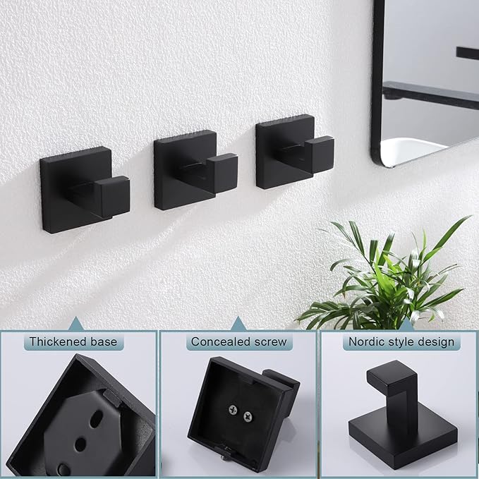 KOKOSIRI Bath Towel Hook Wall Mounted Square Robe Hook Coat Hook Bathroom Kitchen Garage Heavy Duty SUS 304 Stainless Steel 3 Pack Matte Black B1010BK-P3