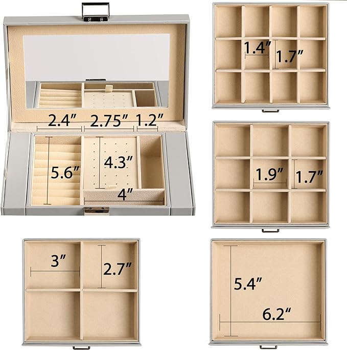 Frebeauty 5-layer Jewelry Box,Faux Leather Jewelry Organizer with 4 Drawers,Jewelry Organizers and Storage with Mirror,Jewelry Holder Organizer for Necklace,Jewerly Boxes for Women Girls(Grey)