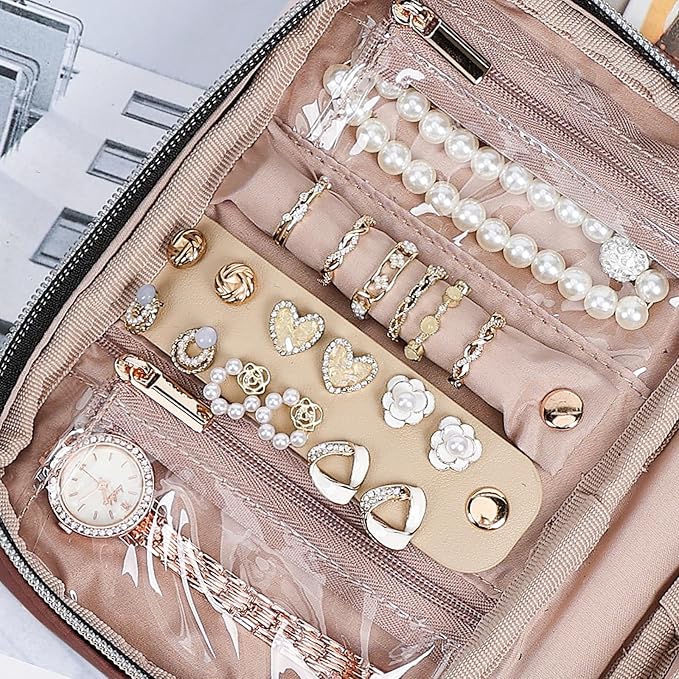 NISHEL Travel Jewelry Case, Holiday Organizer for Necklaces, Earrings, Rings, Bracelets, Watch,Small,Rosewood-Pink