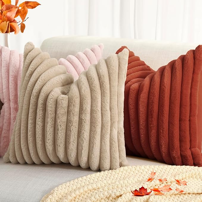 decorUhome Faux Fur Spring Throw Pillow Covers 16x16 Set of 2, Decorative Soft Plush Striped Neutral Couch Pillow Covers with Velvet Back for Sofa, Bed, Living Room Home, Rust