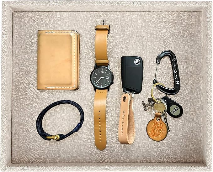 HofferRuffer Elegant Desktop Organizer, Vanity Tray, Bathroom Storage Tray Holder, Dresser Jewelry Tray, Change Coin Key Watch Catchall Tray, 10.2 x 8.4 x 1.8 inches (Light Grey Faux Leather Shagreen)