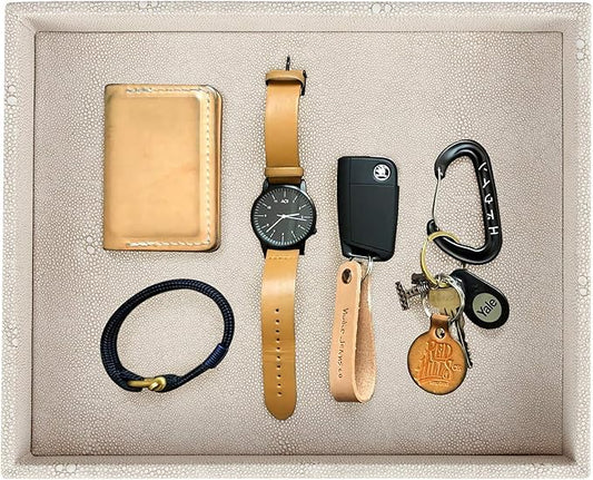 HofferRuffer Elegant Desktop Organizer, Vanity Tray, Bathroom Storage Tray Holder, Dresser Jewelry Tray, Change Coin Key Watch Catchall Tray, 10.2 x 8.4 x 1.8 inches (Light Grey Faux Leather Shagreen)