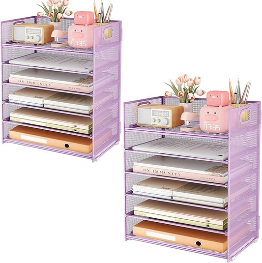 Subekyu 6-Tier Desk Paper Organizer, Desktop File Letter Tray with Handle, Document Sorter and Accessories Holder for Office, Home and School Workspace Organizers, Purple-2 Pack