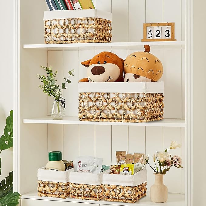 Vagusicc Wicker Storage Basket, Rectangular Wicker Baskets for Storage, Woven, Water Hyacinth and Seagrass Storage Baskets for Organizing, Cube Storage Bins for Closet/Clothes/Dresser, Beige, 5-Pack