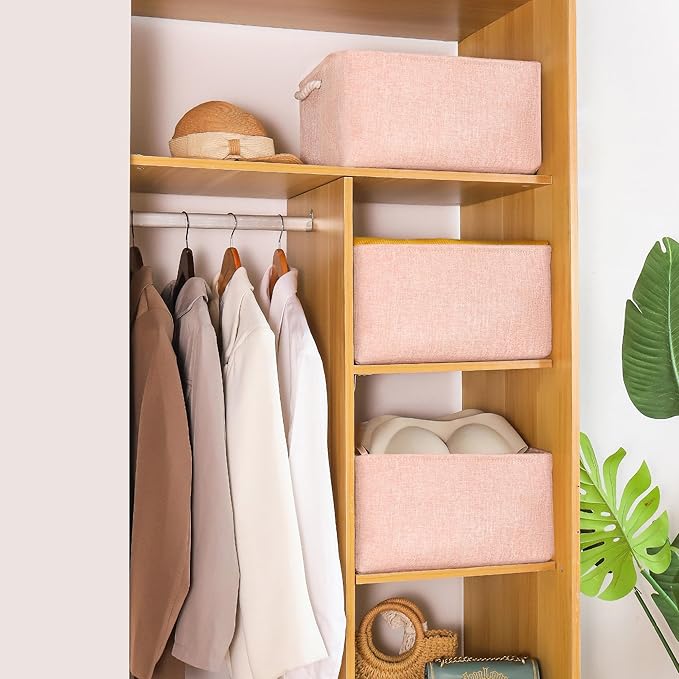 Storage Bins with Sturdy Cotton Handles(3 Pack), Fabric Storage Baskets for Organizing use for Office & Home, Book, Clothes, Toys, Closet Boxes (Small, Pink, 12.2x8.3x6.3 inches)