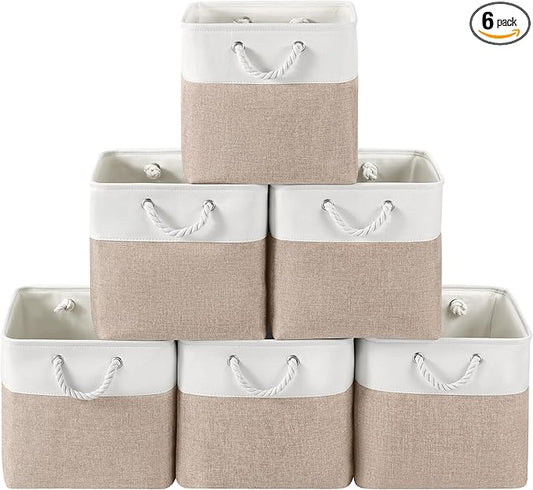 13 x 13 Inch Cube Storage Bins, 6 Pack Fabric Storage Basket with Handles, Foldable Boxes Organizer for Shelf Baskets for Home, Clothes, Toys (White/Khaki)