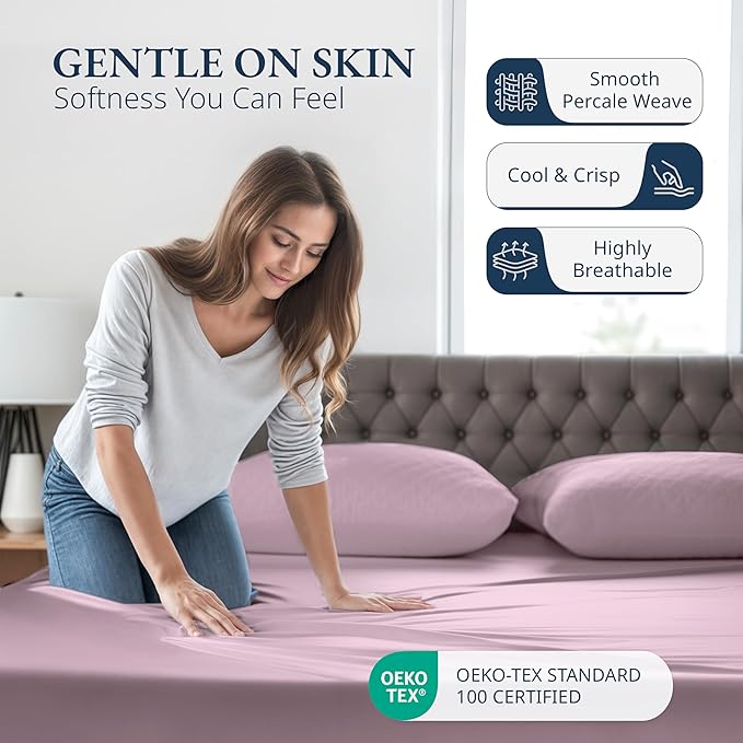 LANE LINEN Full Fitted Sheet, 100% Organic Cotton, 3-Piece Set (1 Fitted Sheet,2 Pillowcases), Percale Weave, Full Bed Bottom Sheet, Soft, Fits Mattress Upto 15" Deep - Lilac(No Flat Sheet)