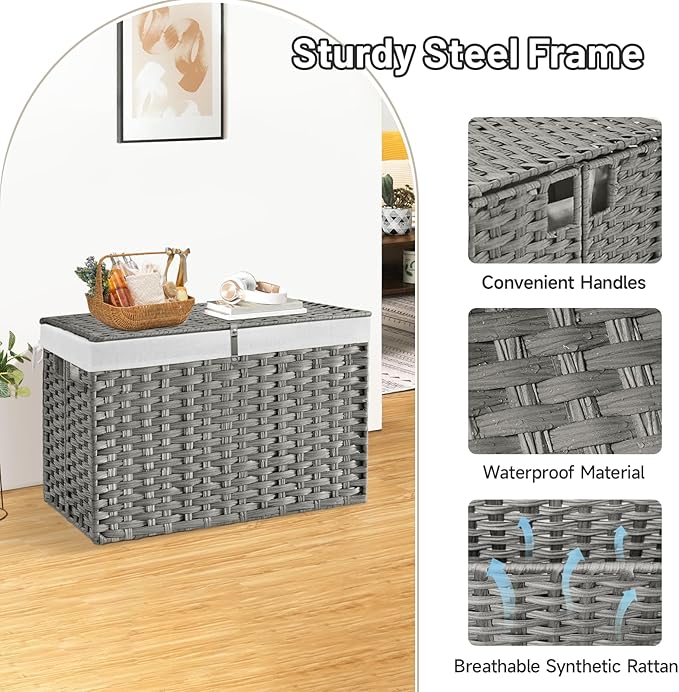 240L Wicker Storage Basket with Lid, Handwoven Rattan Large Shelf Basket with Removable Liner, 63.5 Gallon Wicker Basket for Blanket, Storage Trunk with Handle for Closet, Bedroom, Livingroom, Grey