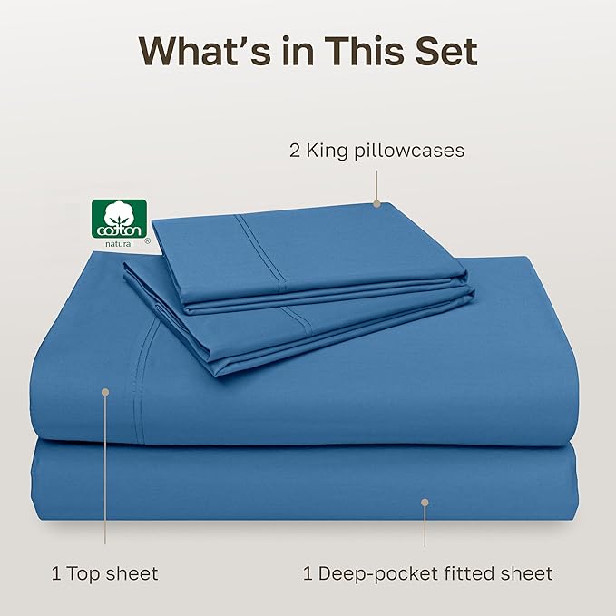 California Design Den King Sheets Cotton Set - Luxury 600 Thread Count Sateen, Natural 100% Cotton Cooling Sheets King Size, Hotel Quality, Durable Fully Elasticized Deep Pockets - Parisian Blue