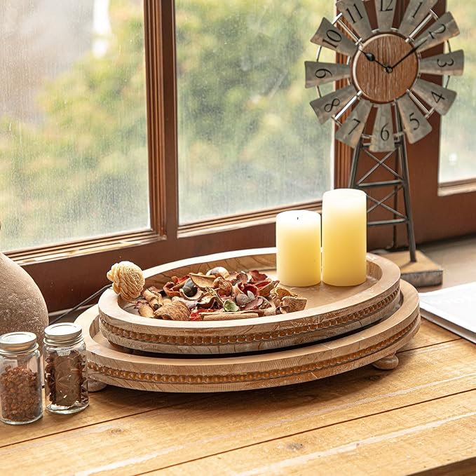 2 Piece Oval Torched Wooden Serving Tray Set with Beaded Design, Centerpiece Table Decorations Tray for Living Room Ottoman, Coffee Table Tray for Farmhouse Home Decor