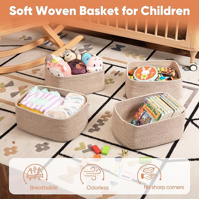 OIAHOMY 4 Pack 14.17*11.02*6.3IN Storage Baskets for Organizing Shelves, Woven Rope Baskets for Organizing Books, Clothes, Decorative Basket for Living Room, Nursery, Bedroom, Gift Basket, Brown