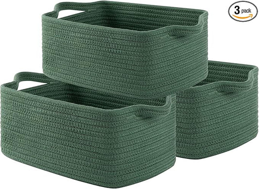 OIAHOMY Cotton Rope Woven Baskets for Storage, Nursery Rectangle Storage Basket with Handles for Shelves, Pack of 3, Green