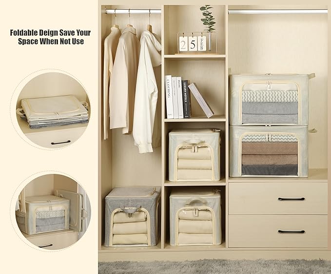 3 Opeings Large Clothes Storage Bins with Metal Frame, Foldable Storage Bin for Clothes, Clothing Storage Bins with Lid, Linen Storage Box With Clear Window＆ Zippers＆ Durable Handles.(3 Pcs,Beige,66L)