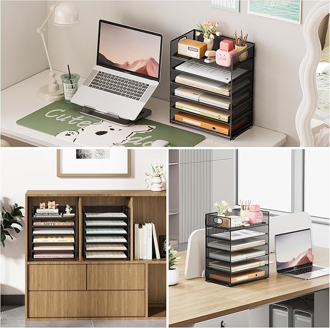 Subekyu 6 Tier Paper File Tray Organizer for Desk, Black Mesh Desk Letter Paper File Folder Accessories Sorter Organizer with Handle, Stackable Slide Tray for Office, Home or School Supplies Storage