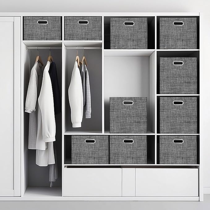 Posprica 15.12"x12.13"x12.01" Storage Cube Bins, Linen Decorative Closet Storage Organizer for IKEA Kallax, 4 Pack Fabric Foldable Large Storage Baskets for Closet, Shelves, Clothes, Toy (Black)