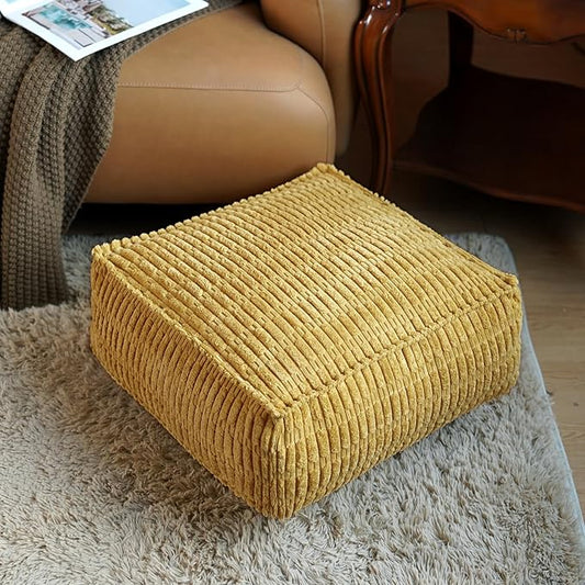 Unstuffed Pouf Ottoman Cover Soft Storage Extra Seat Farmhouse Comfortable Bohemian Poufs Accent Footrest 20x20x8 Inches for Living Room Bedroom Study Nook (Yellow, Square)