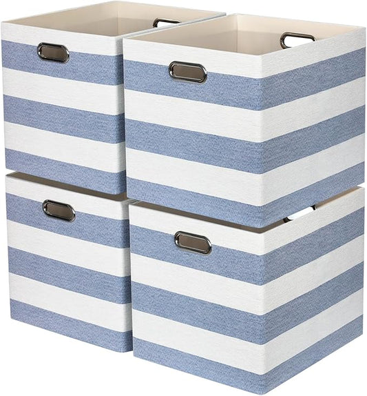 13x15x13 Storage Cube Bins, Foldable Storage Cubes, Fabric Organizer Basket Bin, Striped Containers Decorative Storage Boxes for Shelves Wardrobe Closet Home Office, 4 Pack, Blue/White