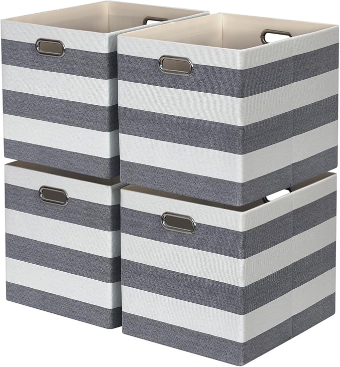 13x15x13 Storage Cube Bins, Foldable Storage Cubes, Fabric Organizer Basket Bin, Striped Containers Decorative Storage Boxes for Shelves Wardrobe Closet Home Office, 4 Pack, Black/White