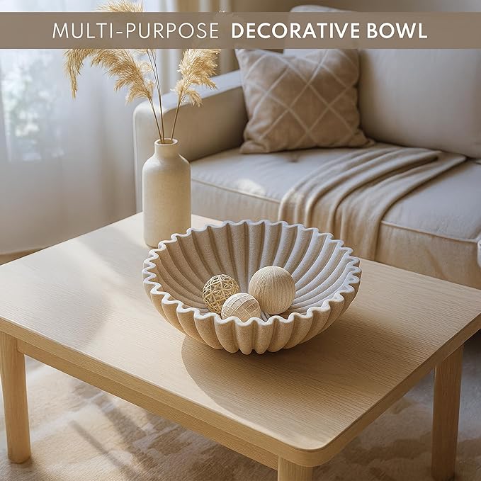 12" Extra Large Decorative Bowl – Decorative Fruit Bowl for Kitchen Counter, Modern Handmade Bowls for Home Decor, Ruffle Decor, Stylish Key Bowl for Entryway Table, Beige Artificial Stone