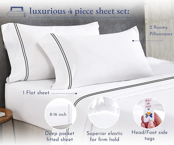 California Design Den King Size Sheet Set - 100% Cotton, 600 Thread Count, Deep Pocket King Sheets, Premium-Feel Bedding with Sateen Weave - White Embroidered Gray