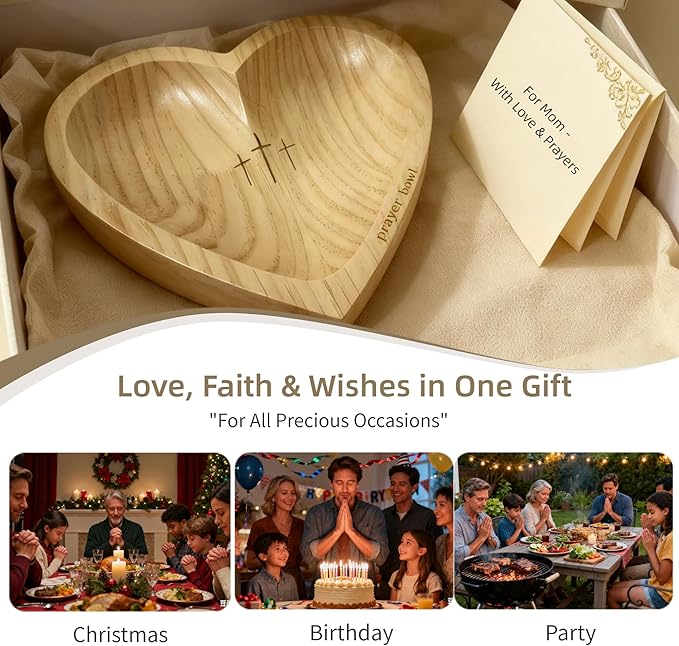 Heart Prayer Bowl with 24 Cards - Christian Heart Shaped Wooden Dough Bowl for Baptism, Handcrafted Religious Gift for Thanksgiving/Christmas/Wedding/Easter, Home Decor Accessory